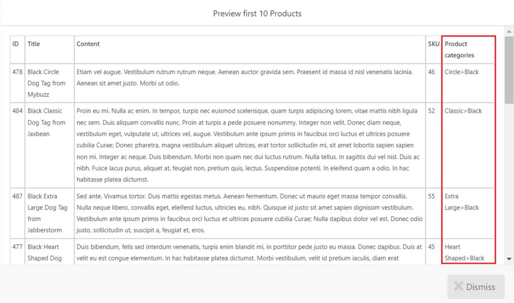 Product Export Columns Preview