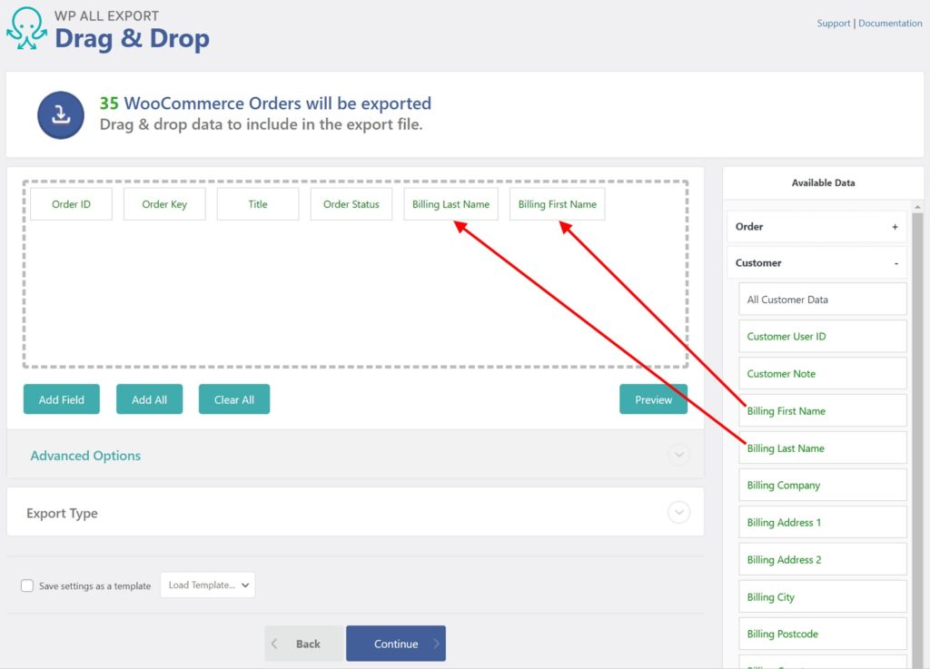 WooCommerce Order Export Drag and Drop Customer Fields