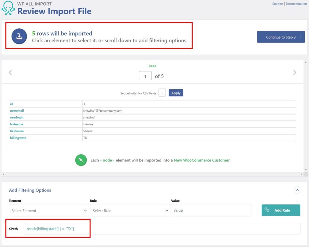 Import WooCommerce Customers Filter Applied