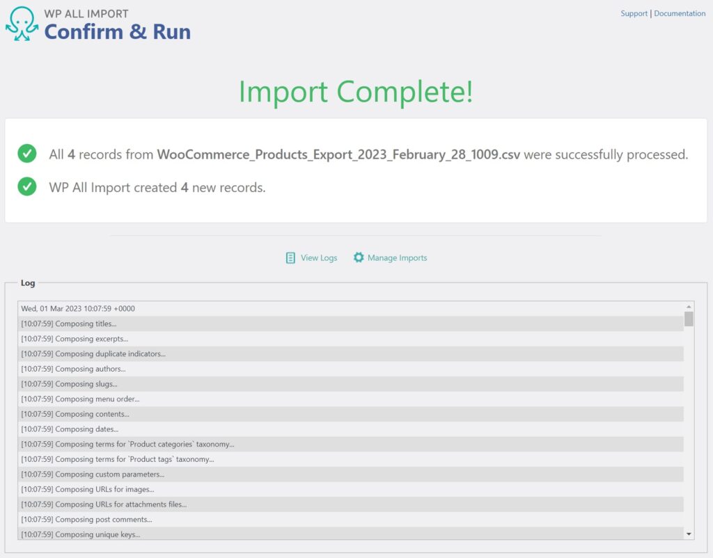 Import Variable Products Walkthrough Import Complete