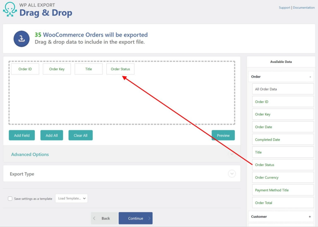 Exporting Woocommerce Orders - Drag and Drop