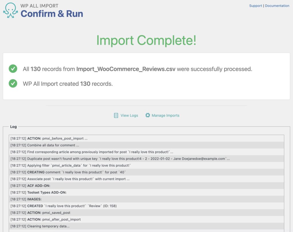 Import WooCommerce Reviews - Import Complete