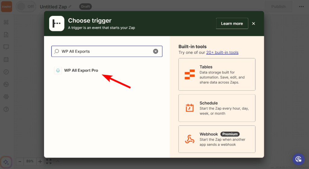 Select WP All Exports as the trigger