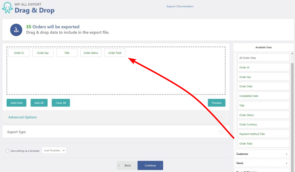 drag and drop order fields into selection area