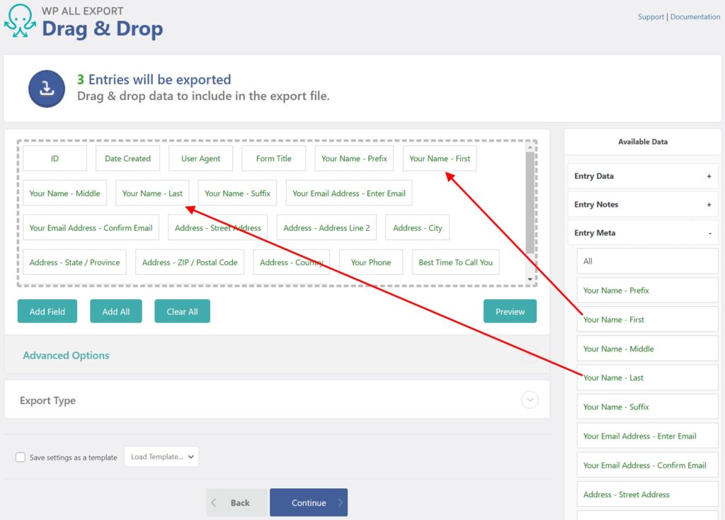 Export Gravity Forms Entries Drag and Drop