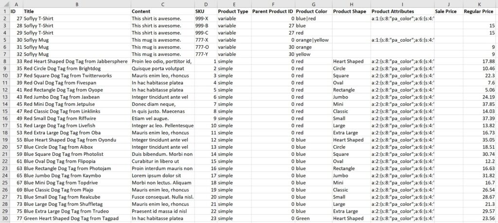 Exporting WooCommerce Products Sample Ouput