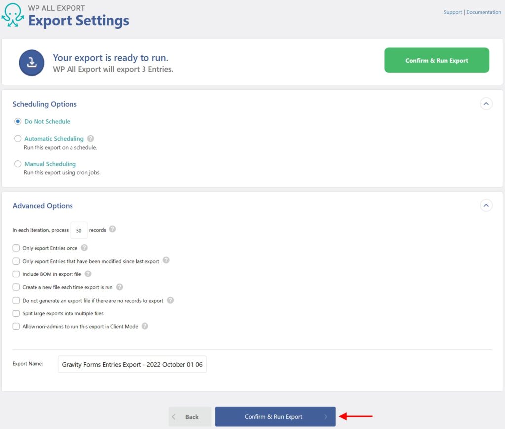 Gravity Forms Entries Export Settings