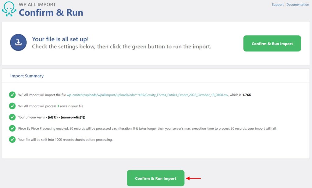 Gravity Forms Entries Import Confirm and Run