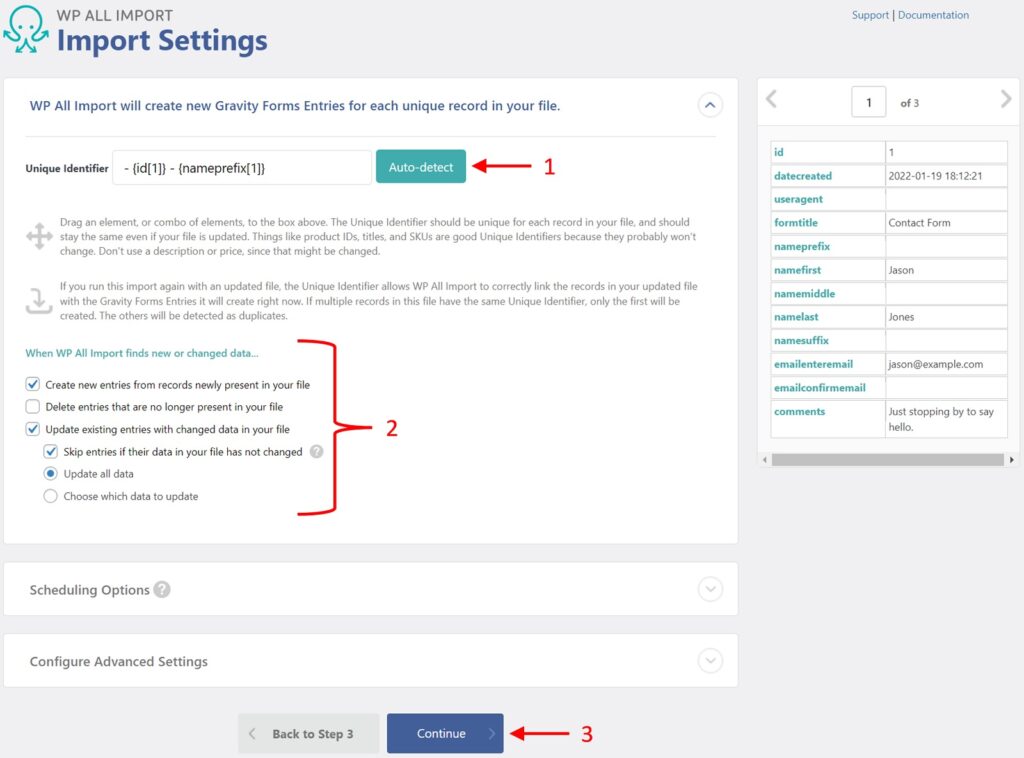 Gravity Forms Entries Import Settings