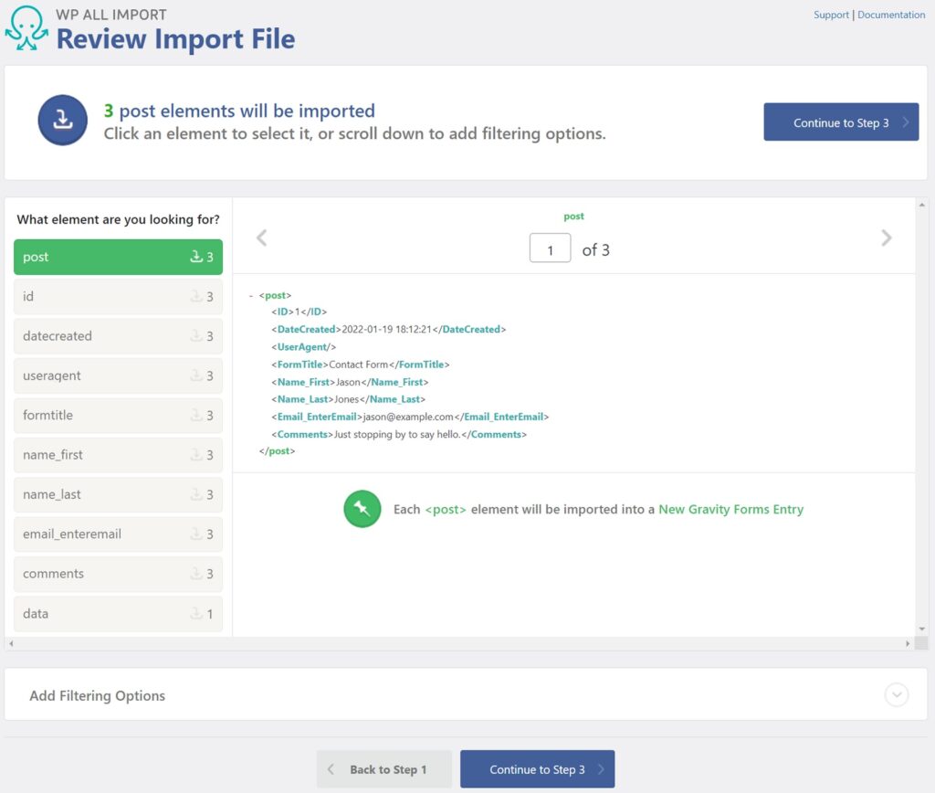 Gravity Forms Entries XML Review Import Screen