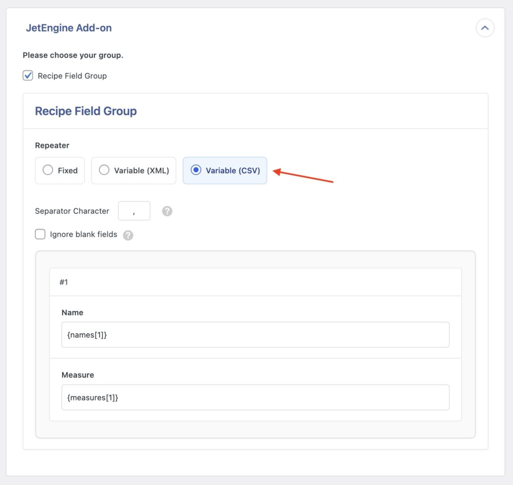 JetEngine Repeater Fields - Variable Repeater Mode (CSV) Sample Data