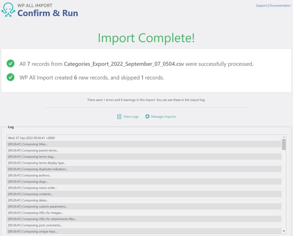 Import WordPress Categories Import Complete
