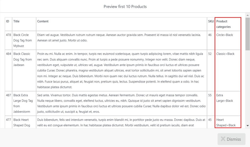 Product Export Columns Preview