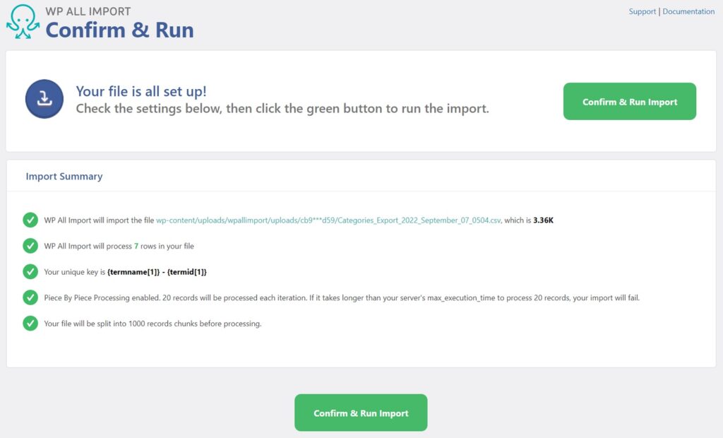 WordPress Category Import Confirm and Run