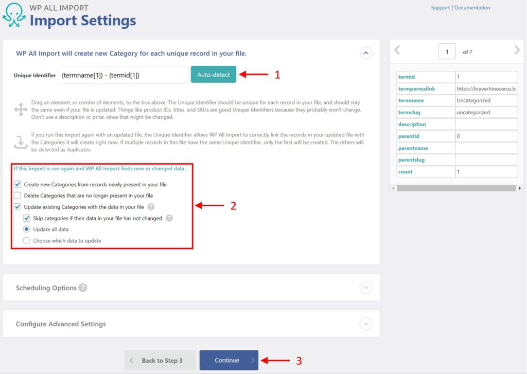 WordPress Category Import Settings