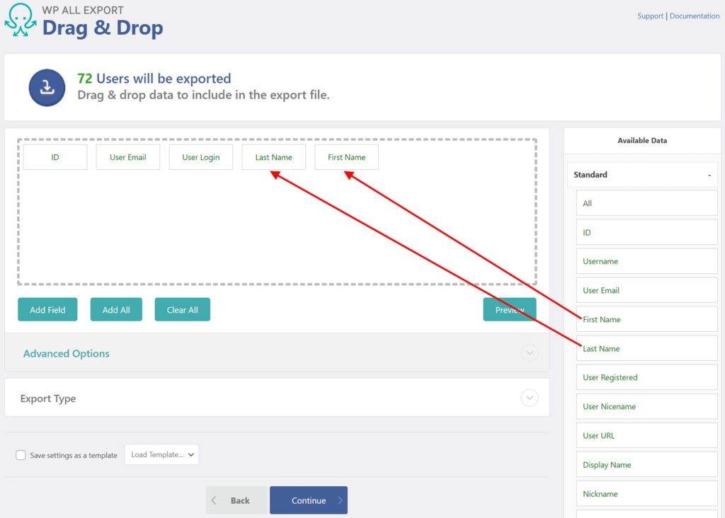 Export WordPress Users Drag and Drop