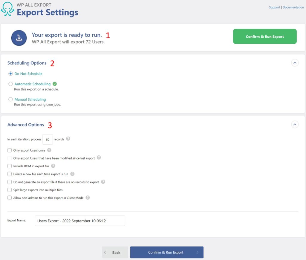 WordPress User Export Settings