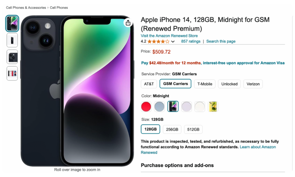 amazon product with different attributes