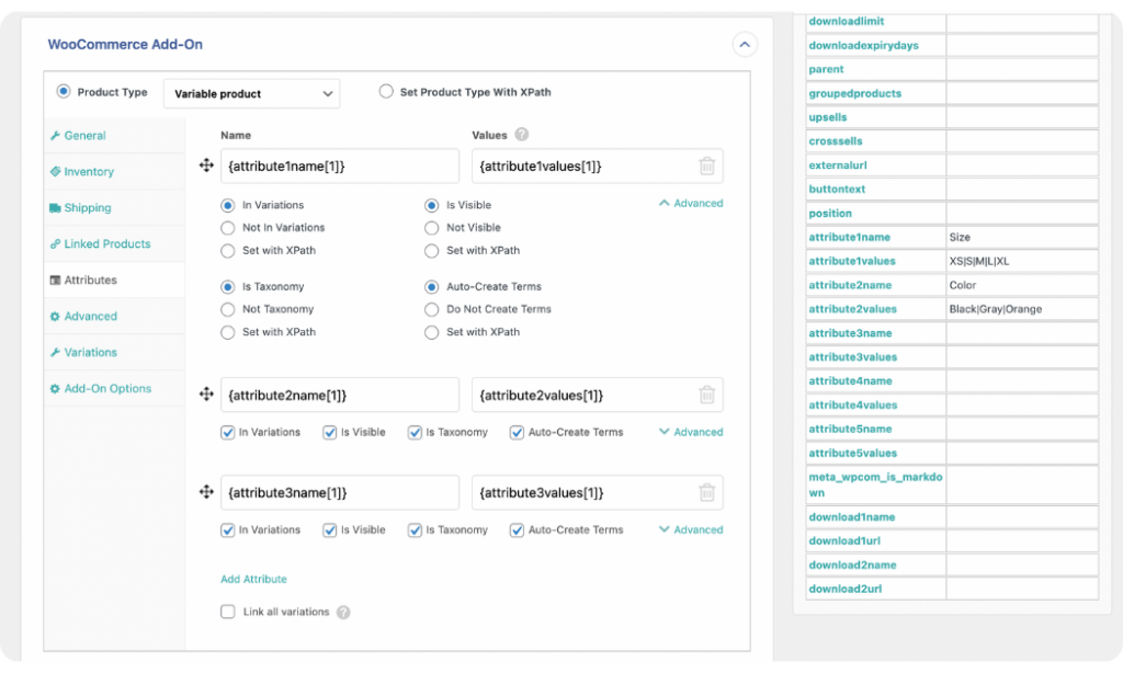 attributes tab advanced options