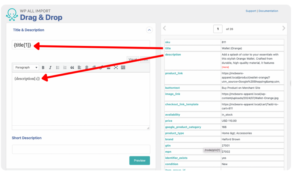 drag and drop the title and description field to map them in Wp All Import