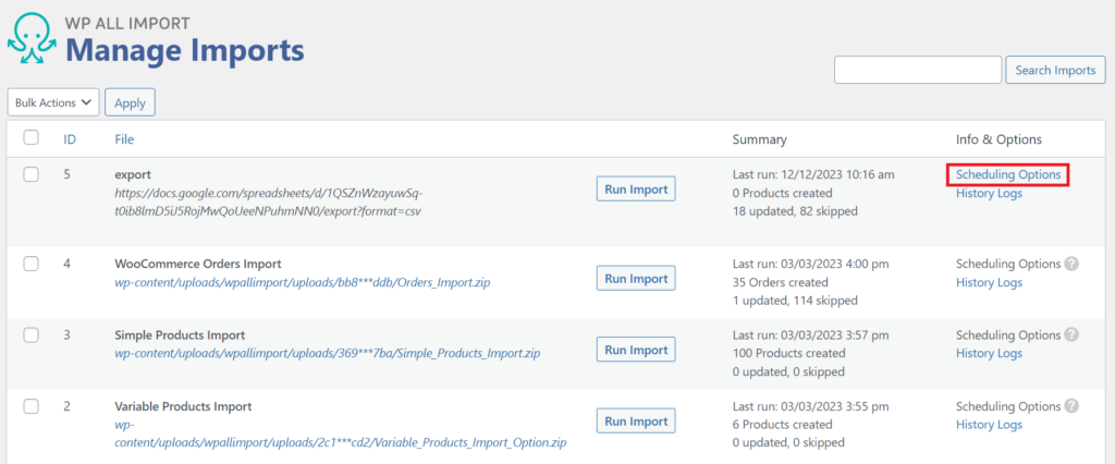 WooCommerce Auto Import Products - Manage Imports