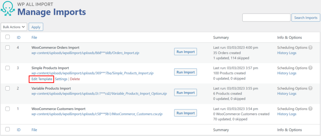 WooCommerce Product Import Template - Manage Imports