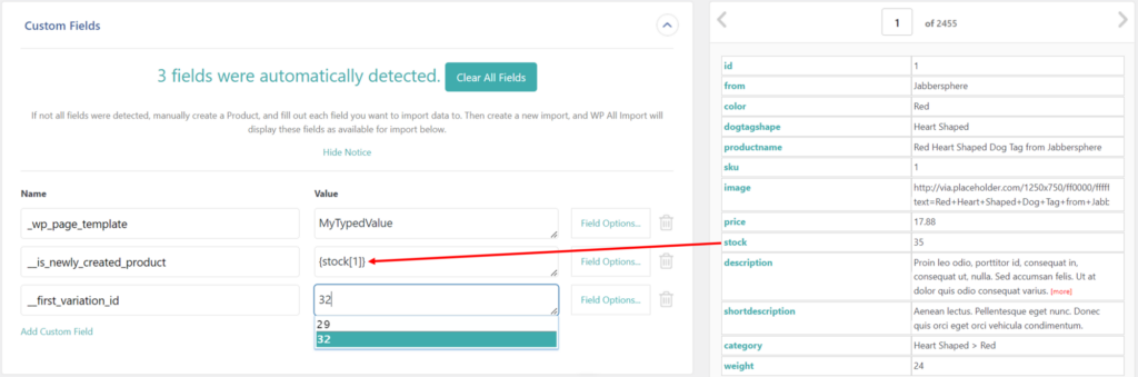 Import Data into WooCommerce Product Custom Fields - Map Import Data Elements