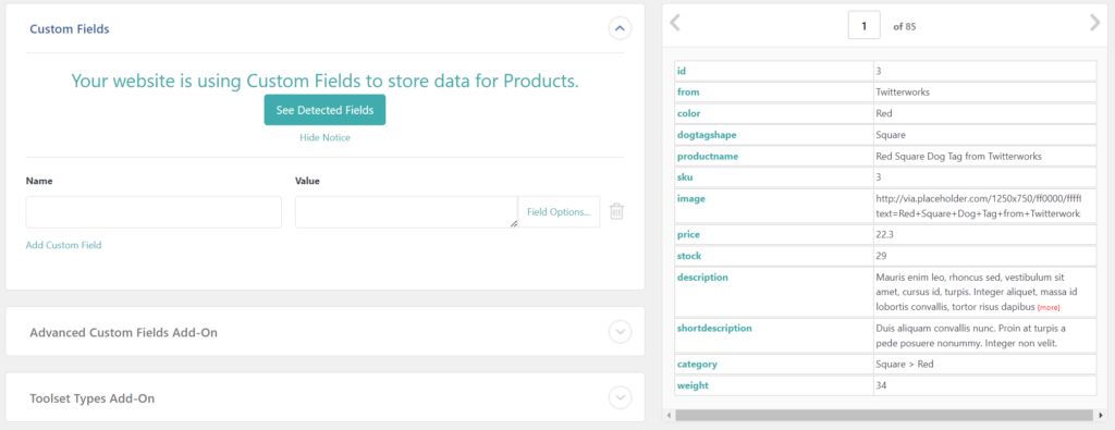 WooCommerce Product Import Template - Custom Fields Section