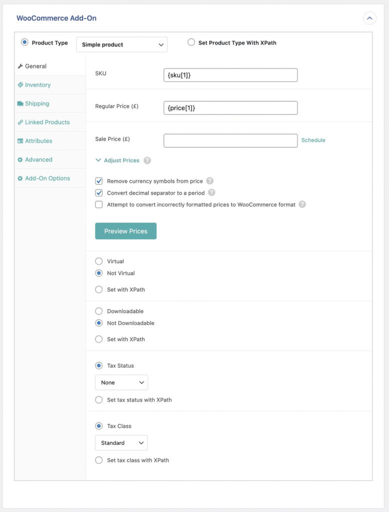 map WooCommerce add-on panel fields