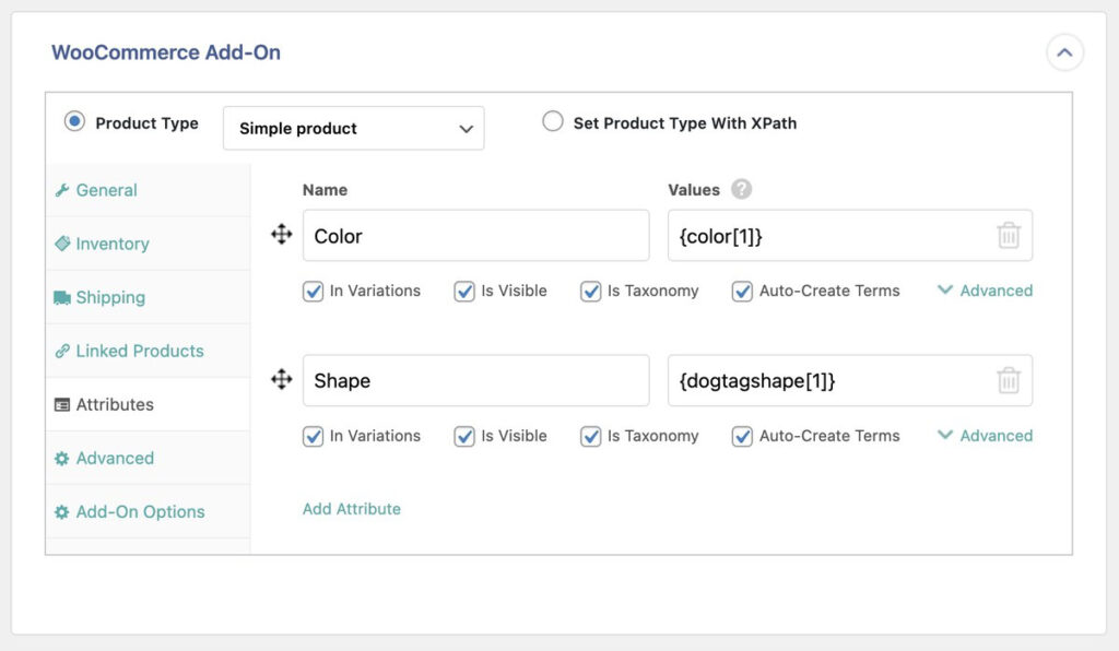 map attributes tab of the WooCommerce add-on panel