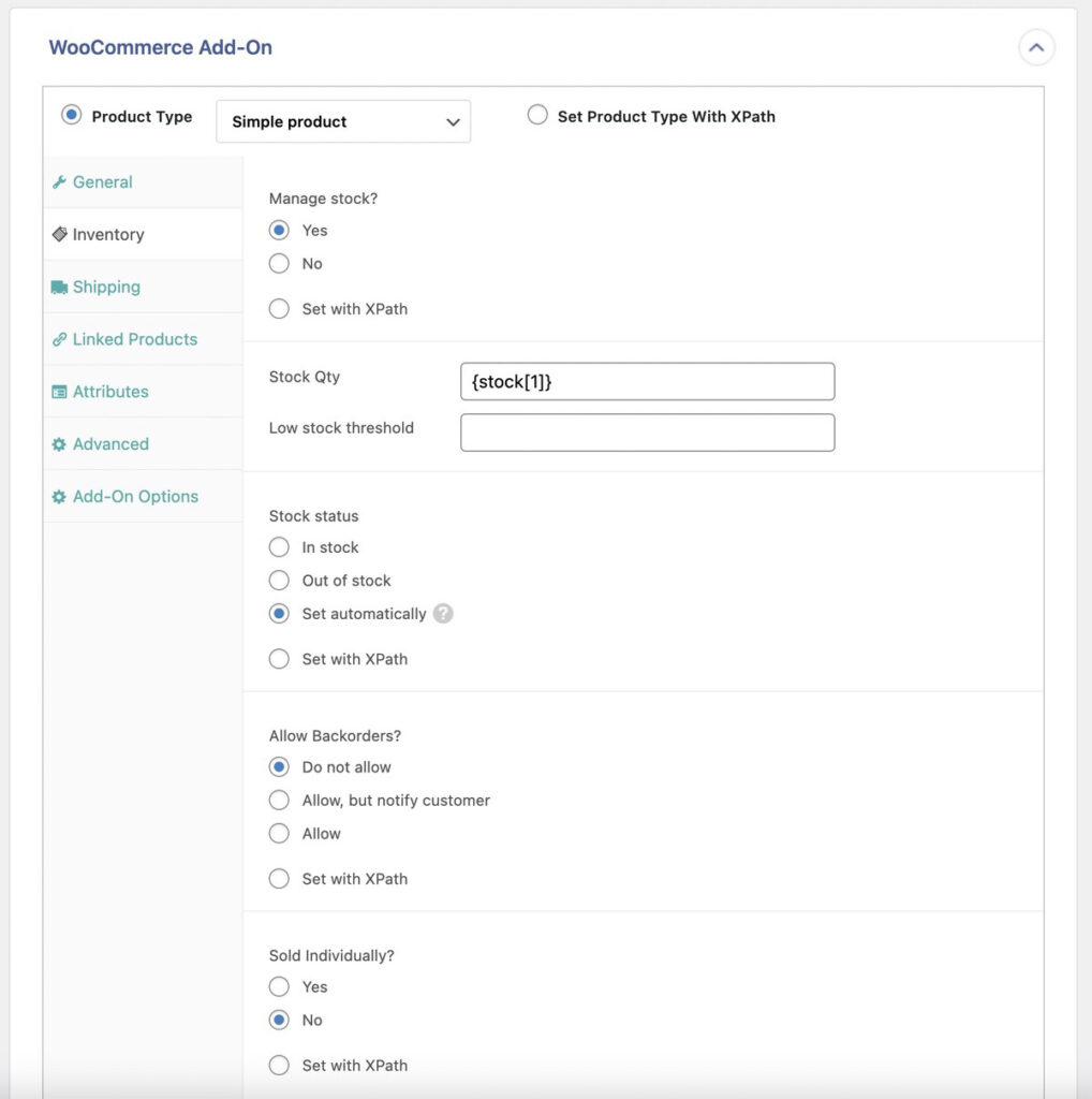 map inventory tab in the WooCommerce add-on panel