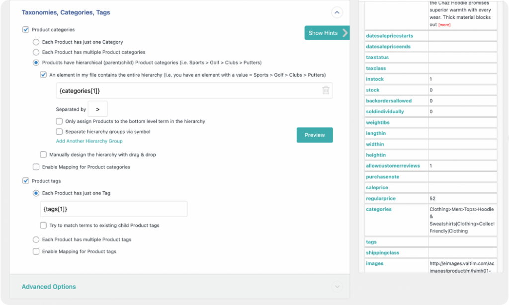 map product tags and categories