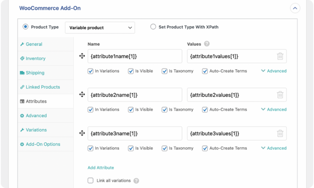 map the attributes tab of the WooCommerce addon panel