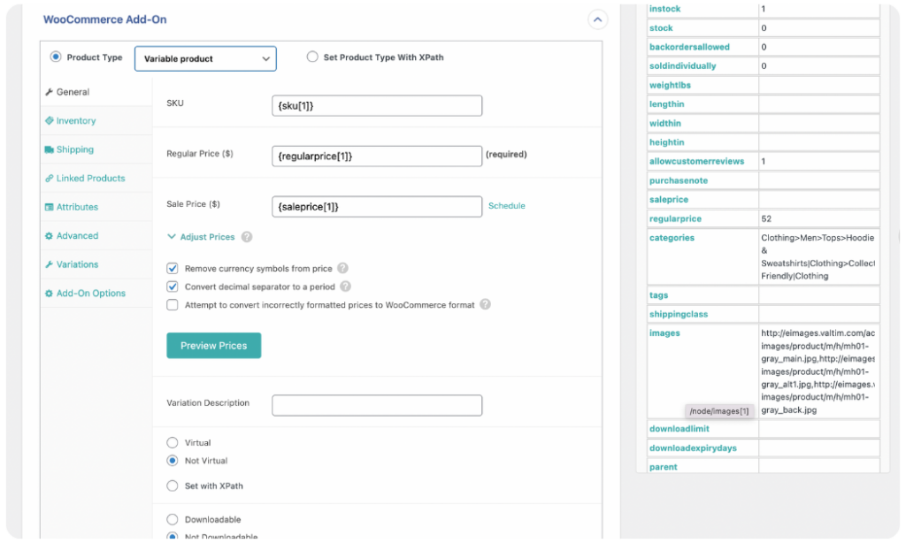 set product type as variable product and map the general fields