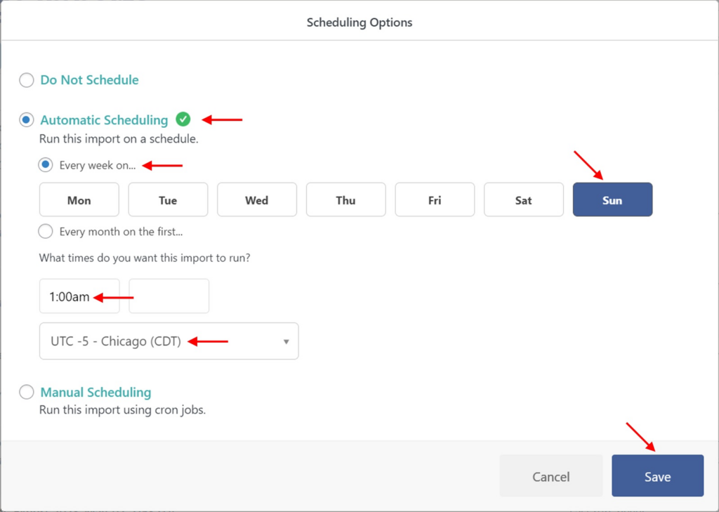 set scheduling options for product import