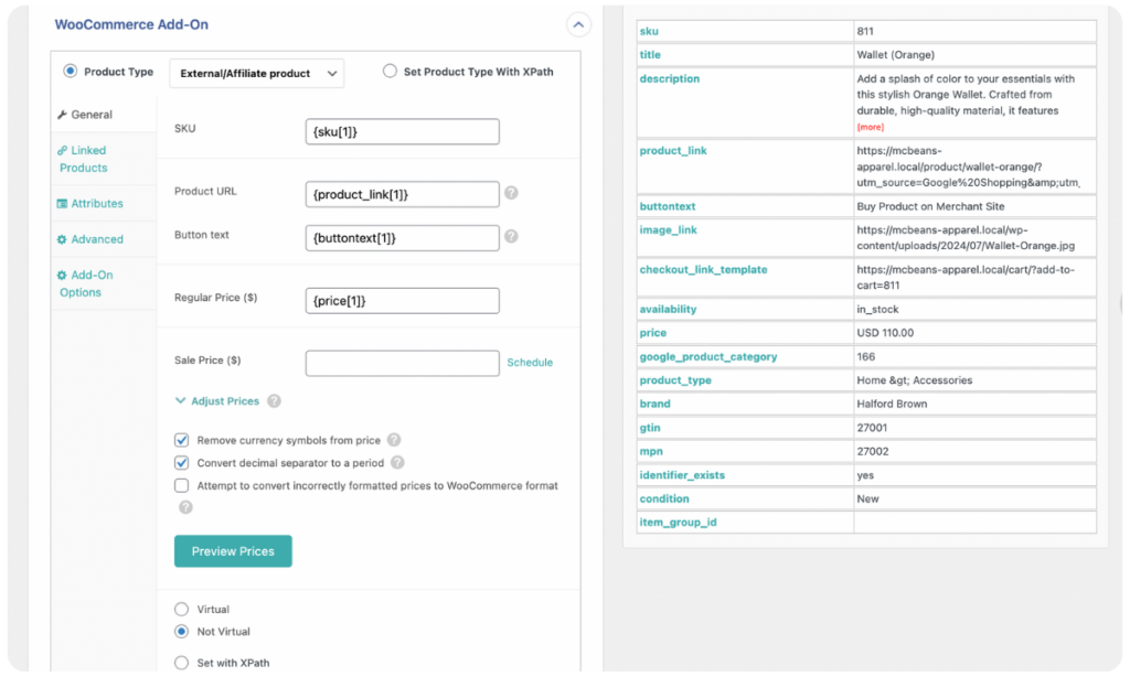 set the affiliate product type and map fields in general tab