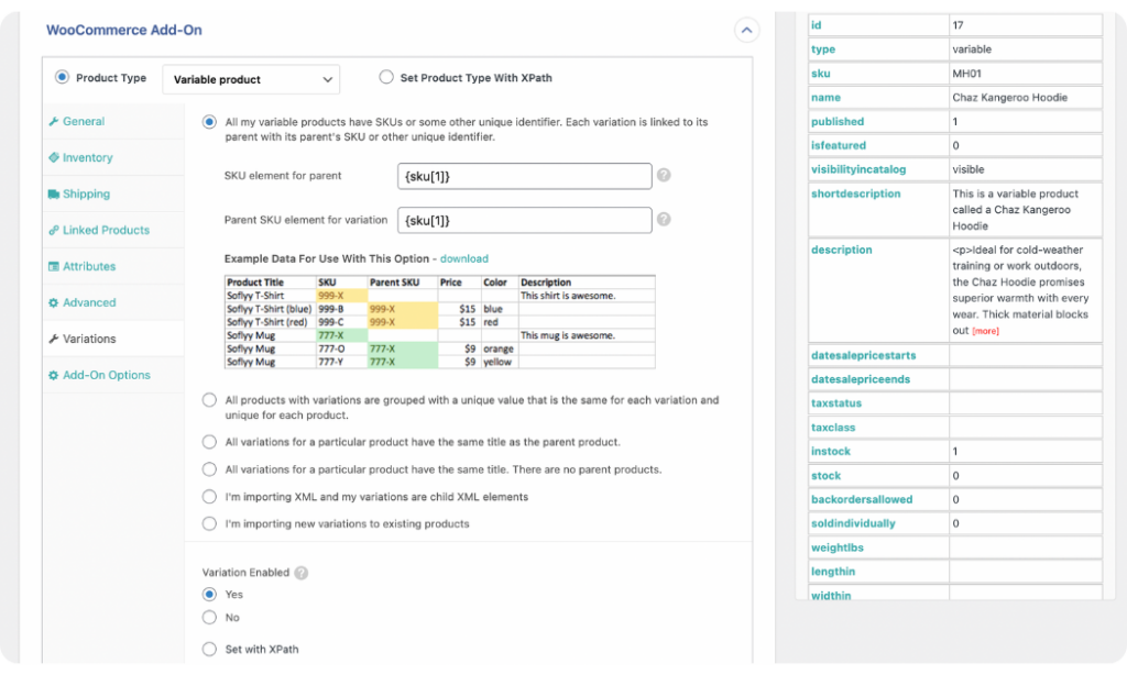 set variation options in WooCommerce addon panel
