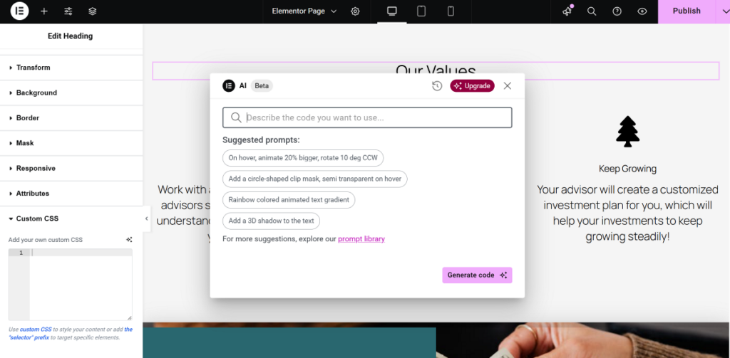 AI code generator in Elementor