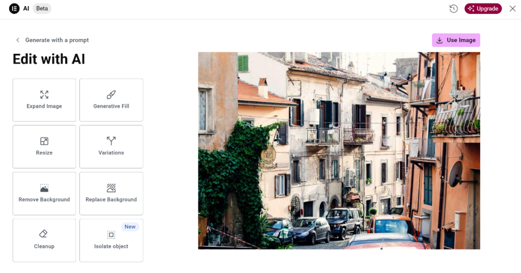 AI image editor options in Elementor