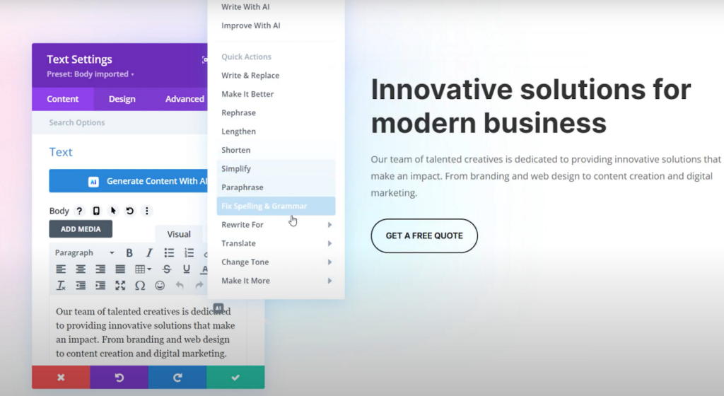 AI text editor in Divi