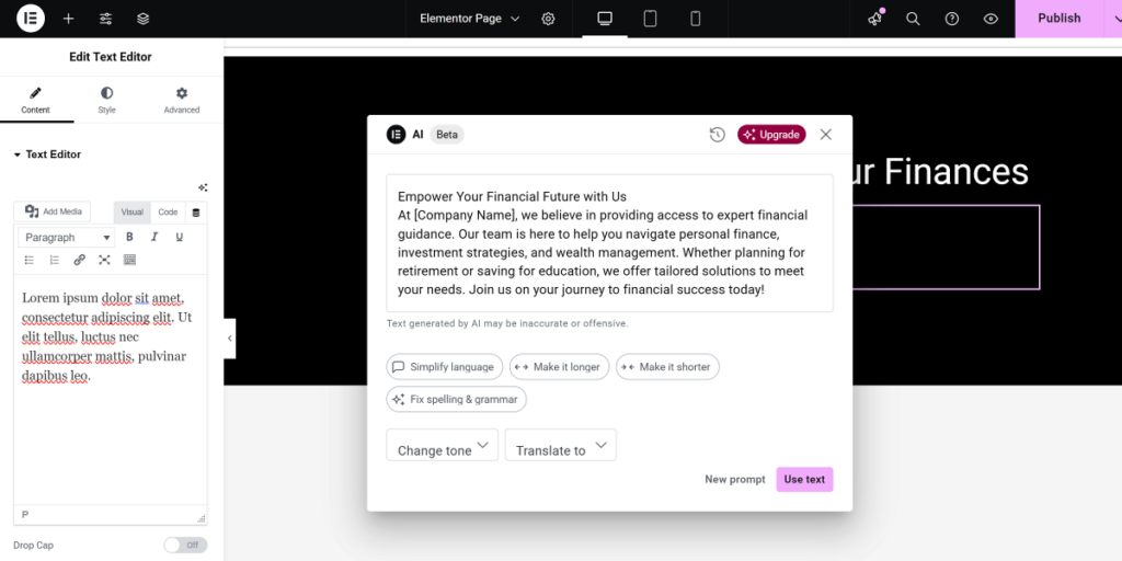 AI text improver in Elementor