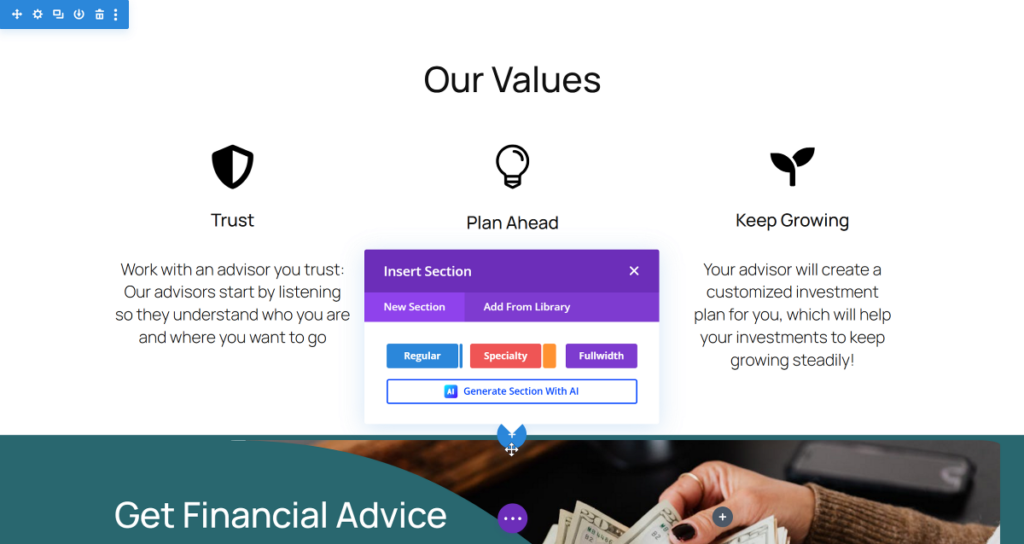 Click Generate section with AI in Divi