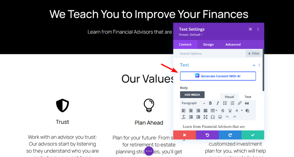 Click generate content with AI button in Divi module