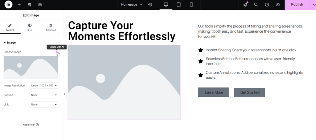 Click the AI Image Creator button in Elementor