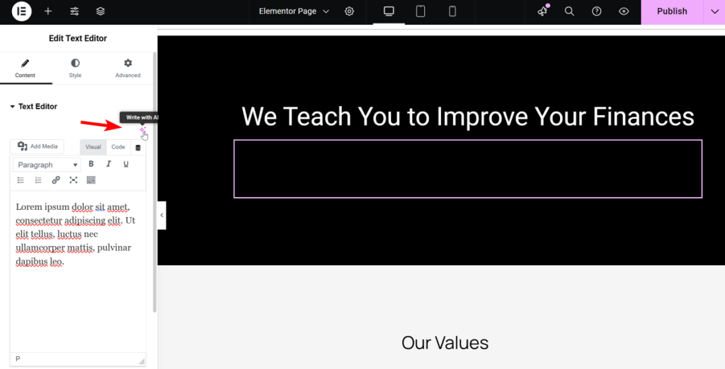 Click write with AI in Elementor