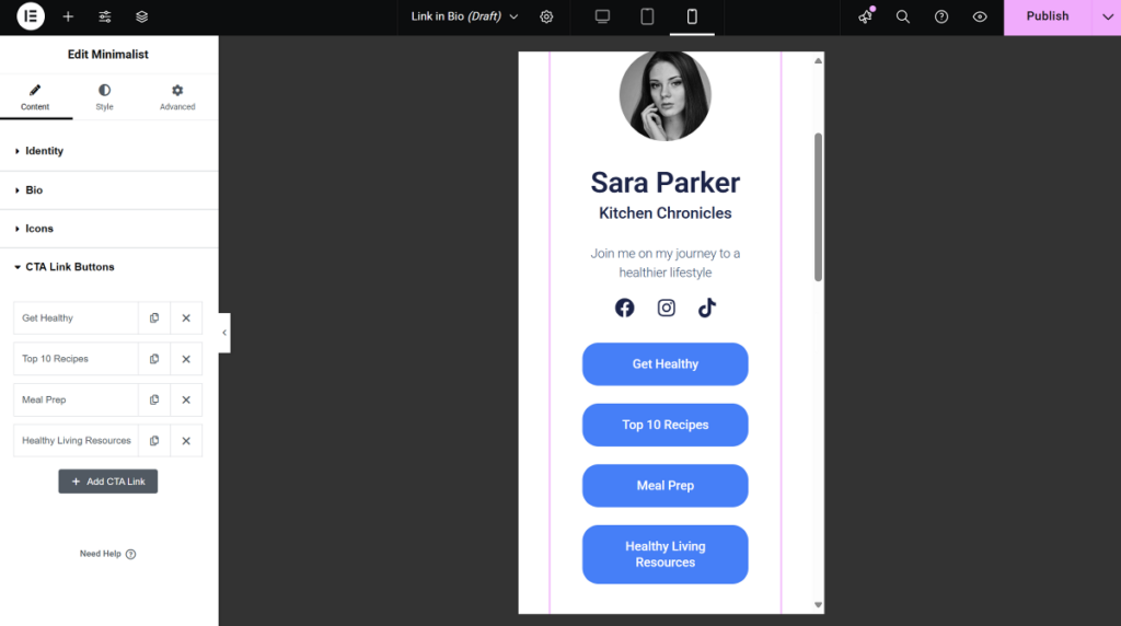 Create link in bio page in Elementor