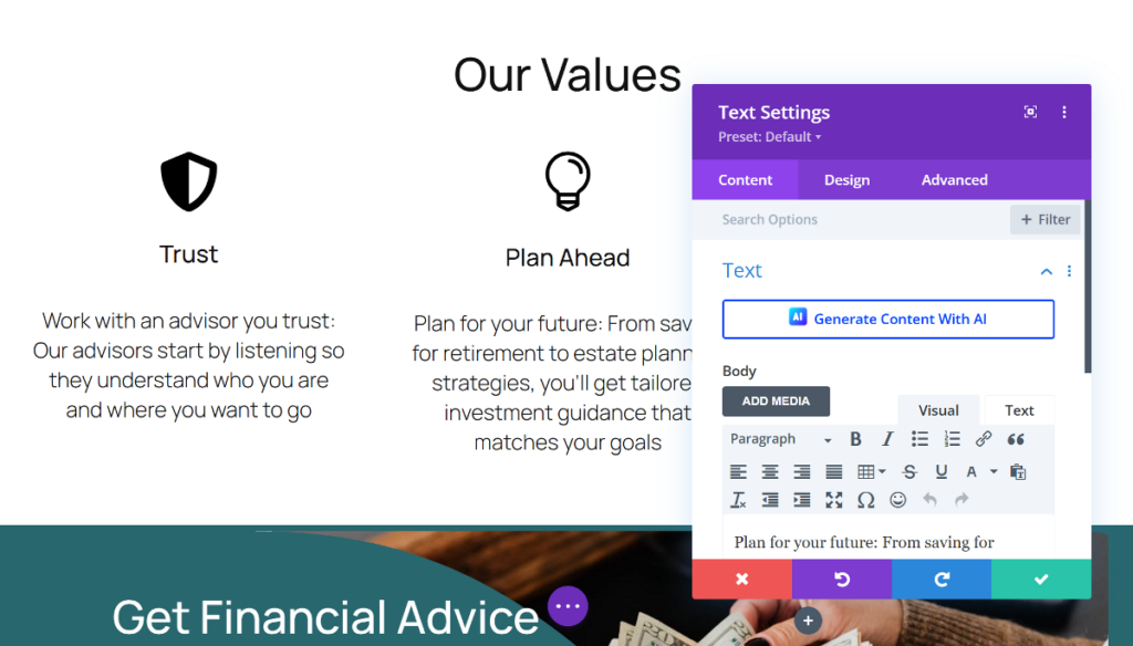 Divi content tab window