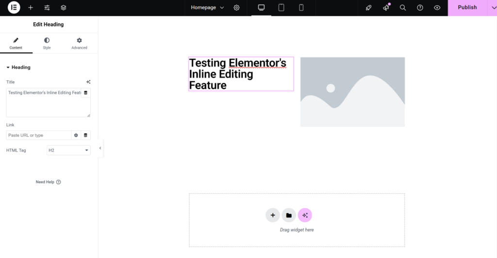 Elementor content tab in sidebar panel
