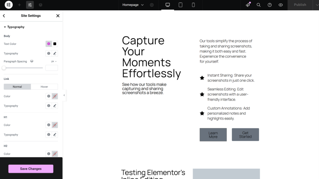 Elementor global site settings