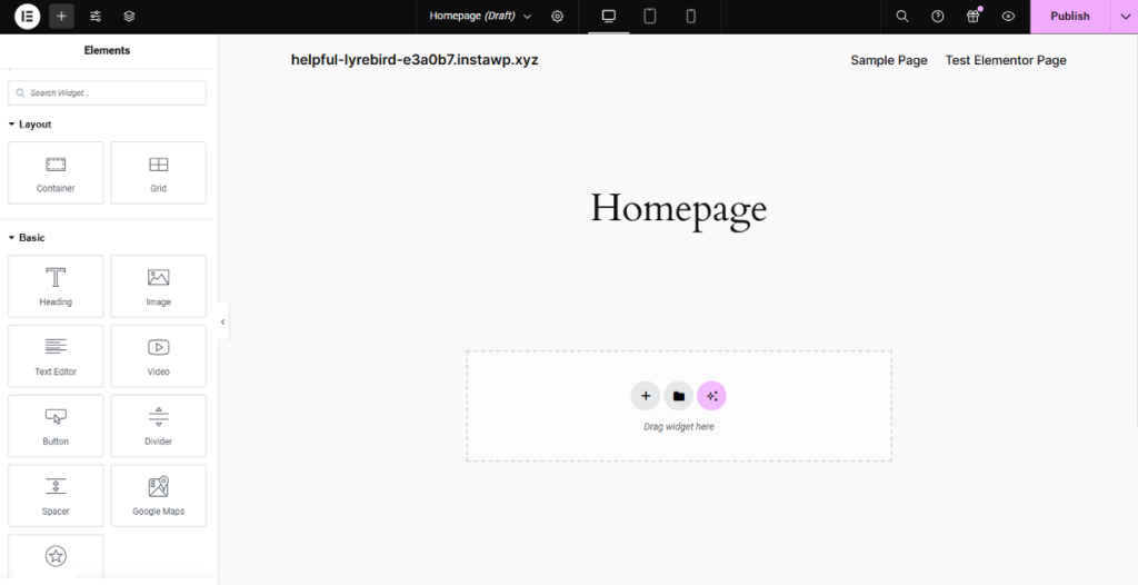 Elementor interface with sidebar panel
